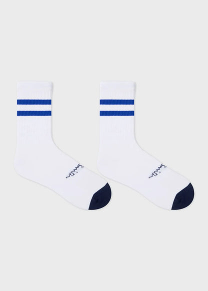 White Cycling Socks With Blue Stripe Tipping