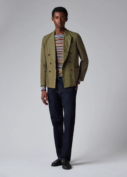 Khaki Green Cotton-Linen Double-Breasted Blazer