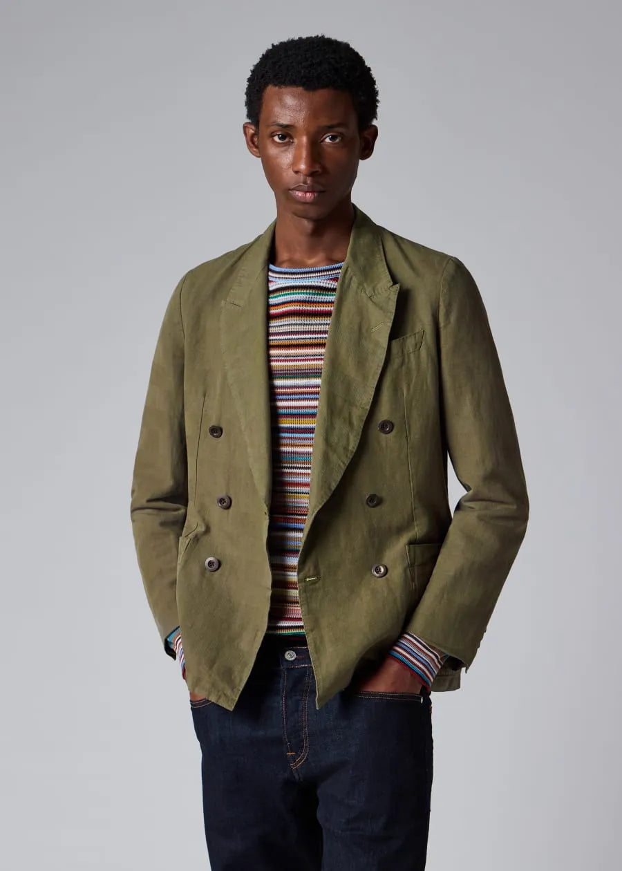 Khaki Green Cotton-Linen Double-Breasted Blazer