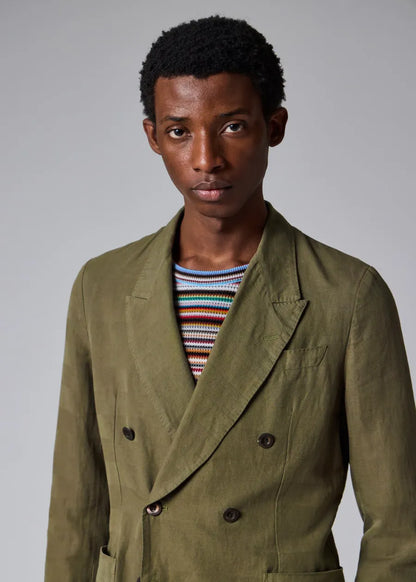 Khaki Green Cotton-Linen Double-Breasted Blazer