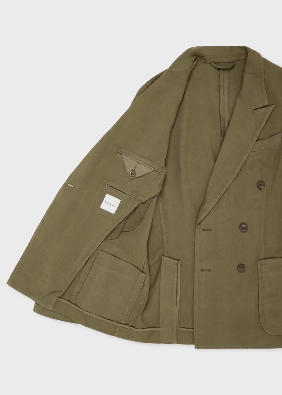 Khaki Green Cotton-Linen Double-Breasted Blazer