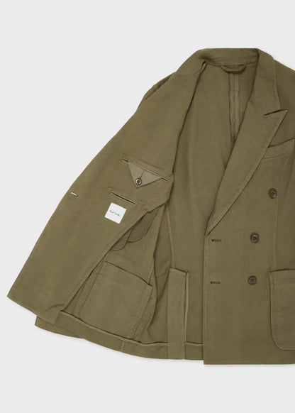 Khaki Green Cotton-Linen Double-Breasted Blazer
