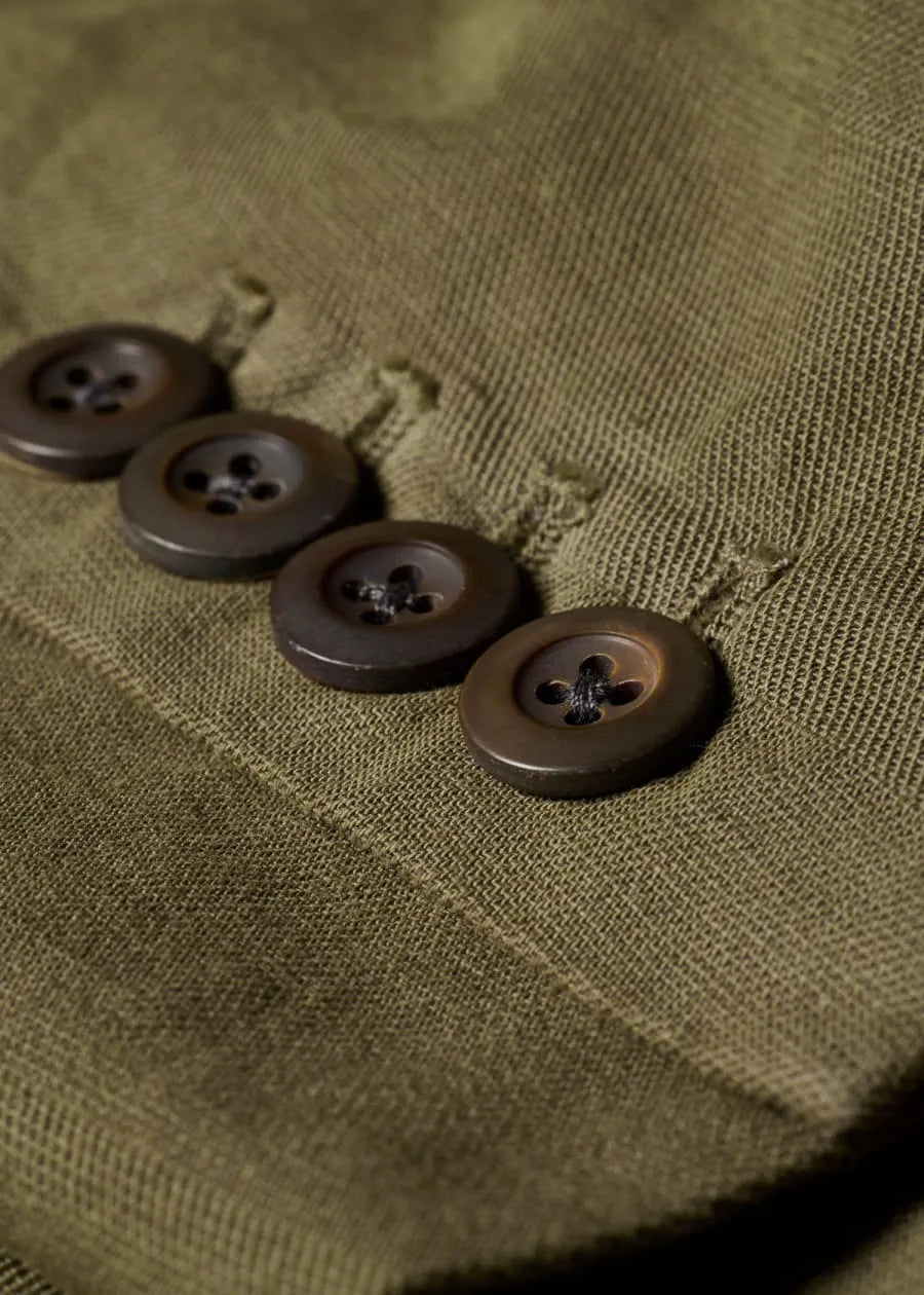 Khaki Green Cotton-Linen Double-Breasted Blazer