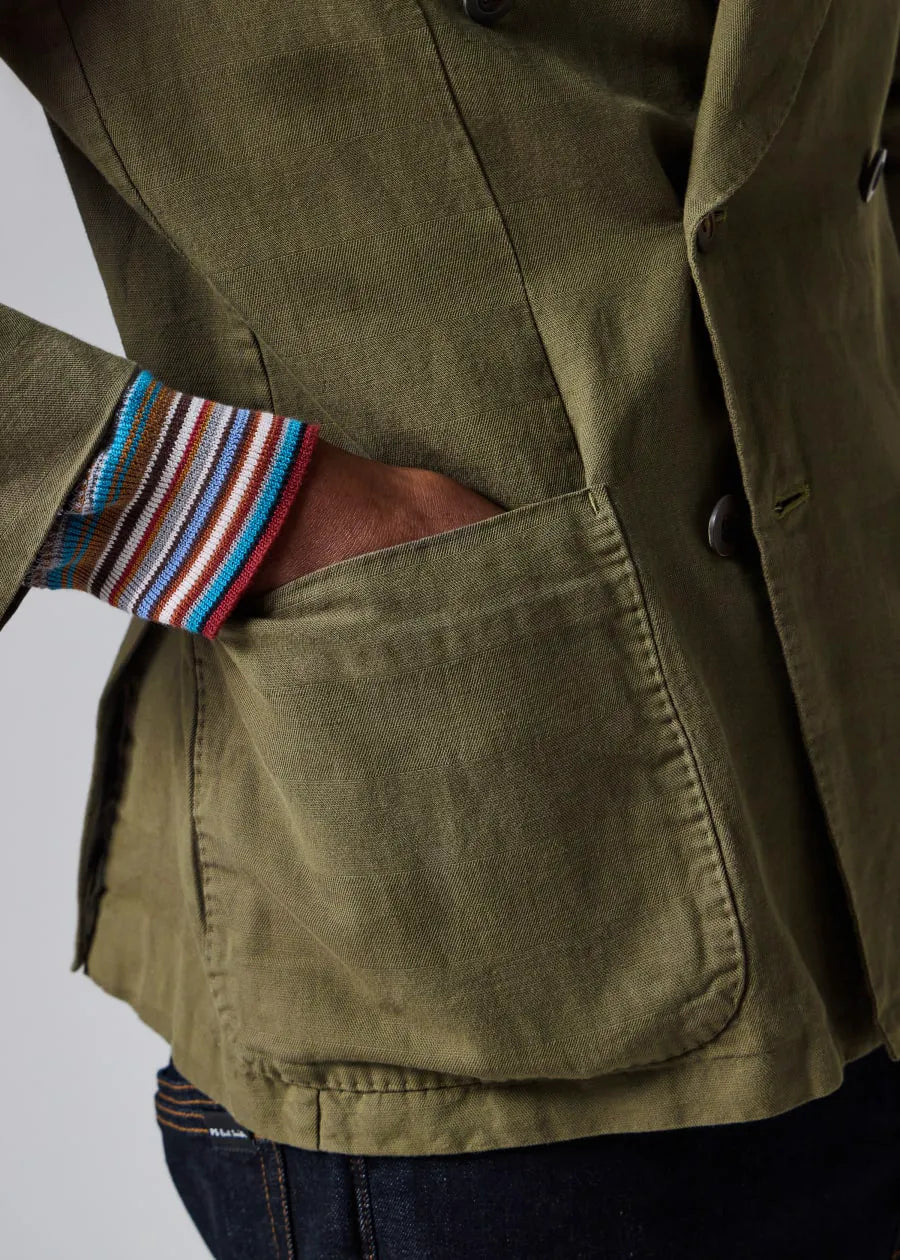 Khaki Green Cotton-Linen Double-Breasted Blazer