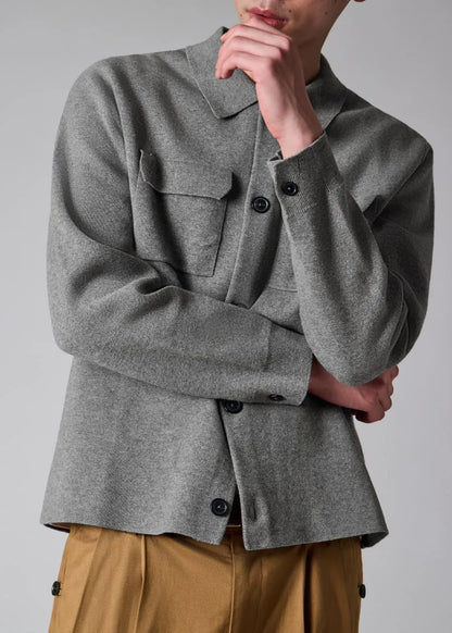 Grey Merino-Cotton Patch-Pocket Cardigan
