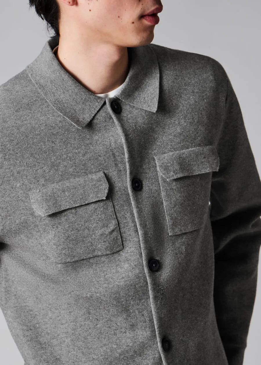 Grey Merino-Cotton Patch-Pocket Cardigan