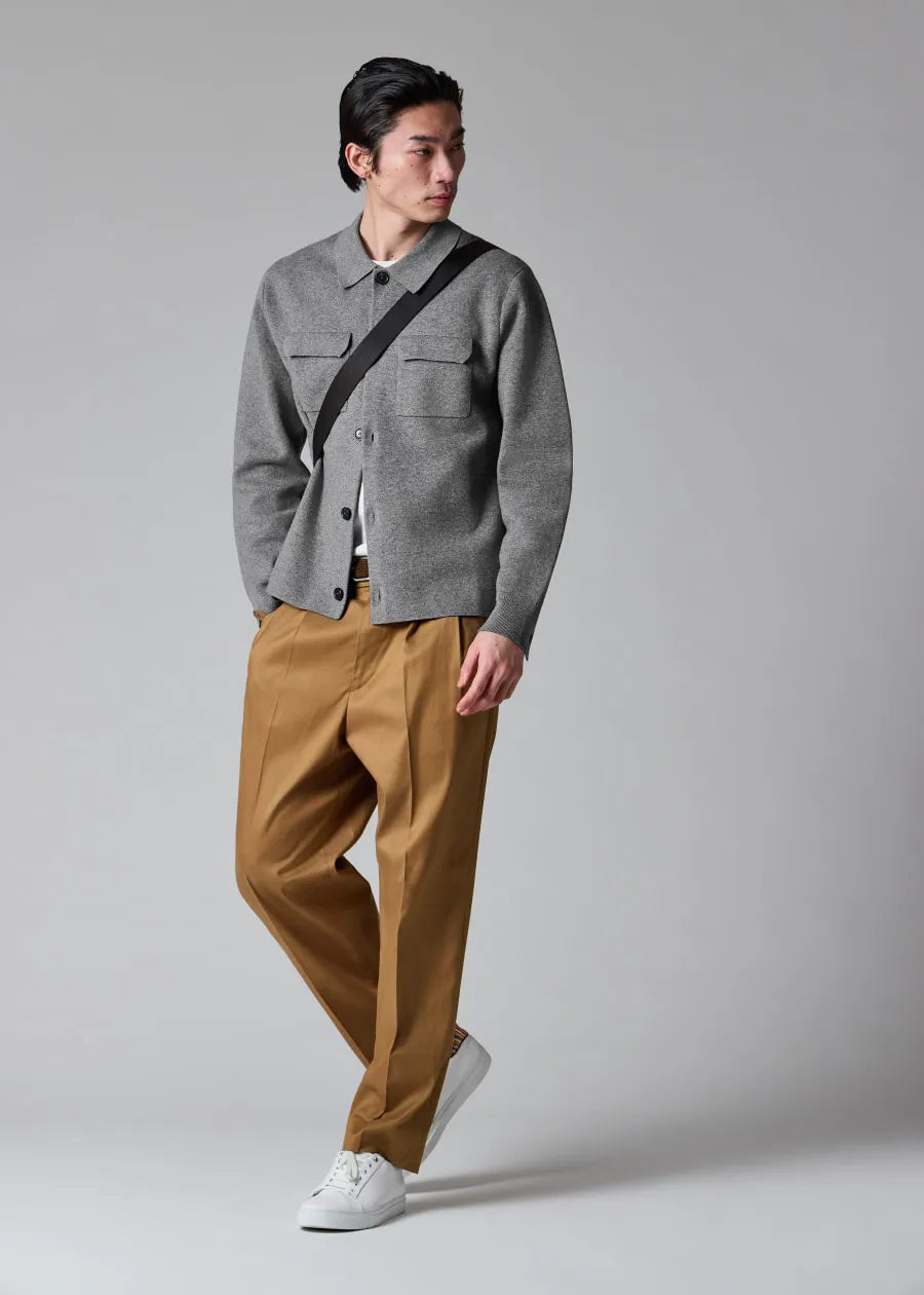 Grey Merino-Cotton Patch-Pocket Cardigan