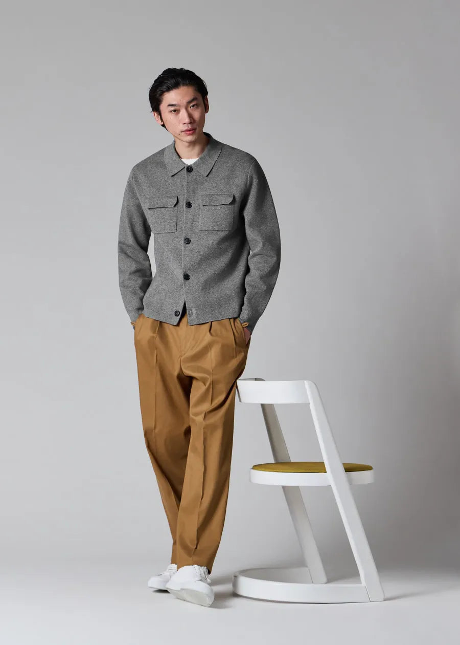 Grey Merino-Cotton Patch-Pocket Cardigan