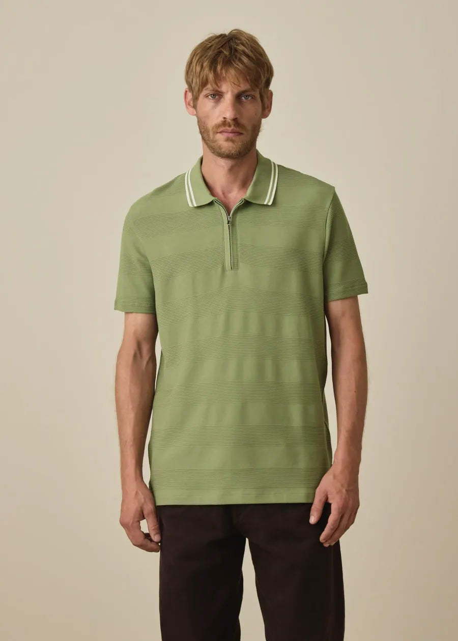 Green Textured Stripe Zip Polo Shirt
