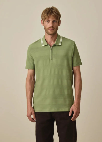 Green Textured Stripe Zip Polo Shirt