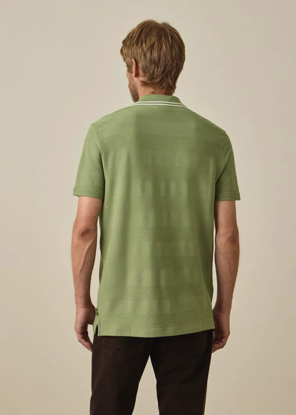 Green Textured Stripe Zip Polo Shirt