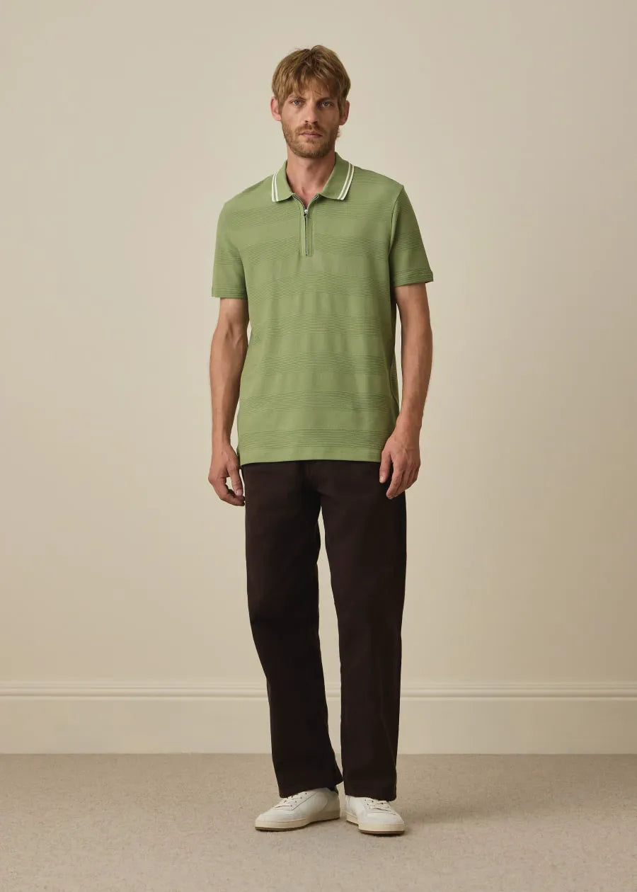 Green Textured Stripe Zip Polo Shirt