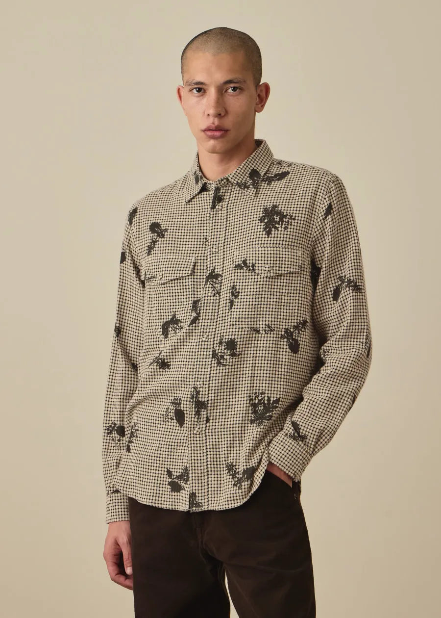 Beige and Black Gingham Floral Shirt