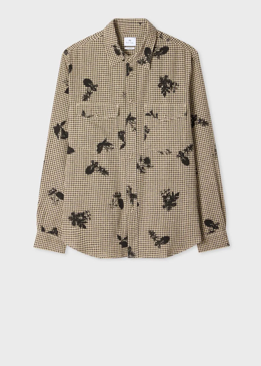 Beige and Black Gingham Floral Shirt
