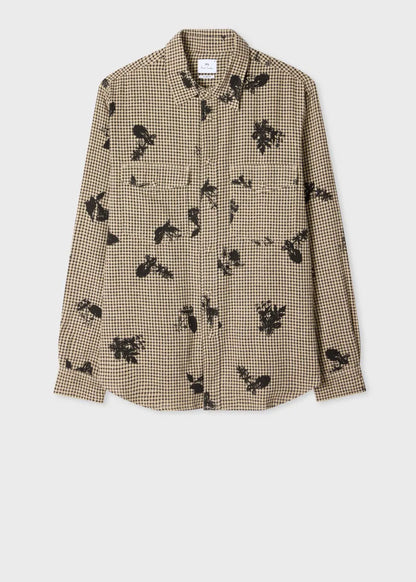 Beige and Black Gingham Floral Shirt