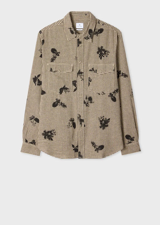 Beige and Black Gingham Floral Shirt