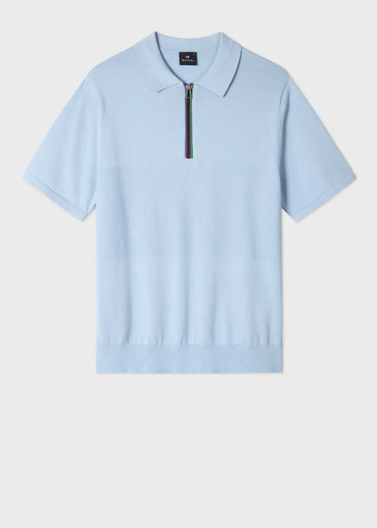 Light Blue 'Sports Stripe' Zip Neck Polo Shirt