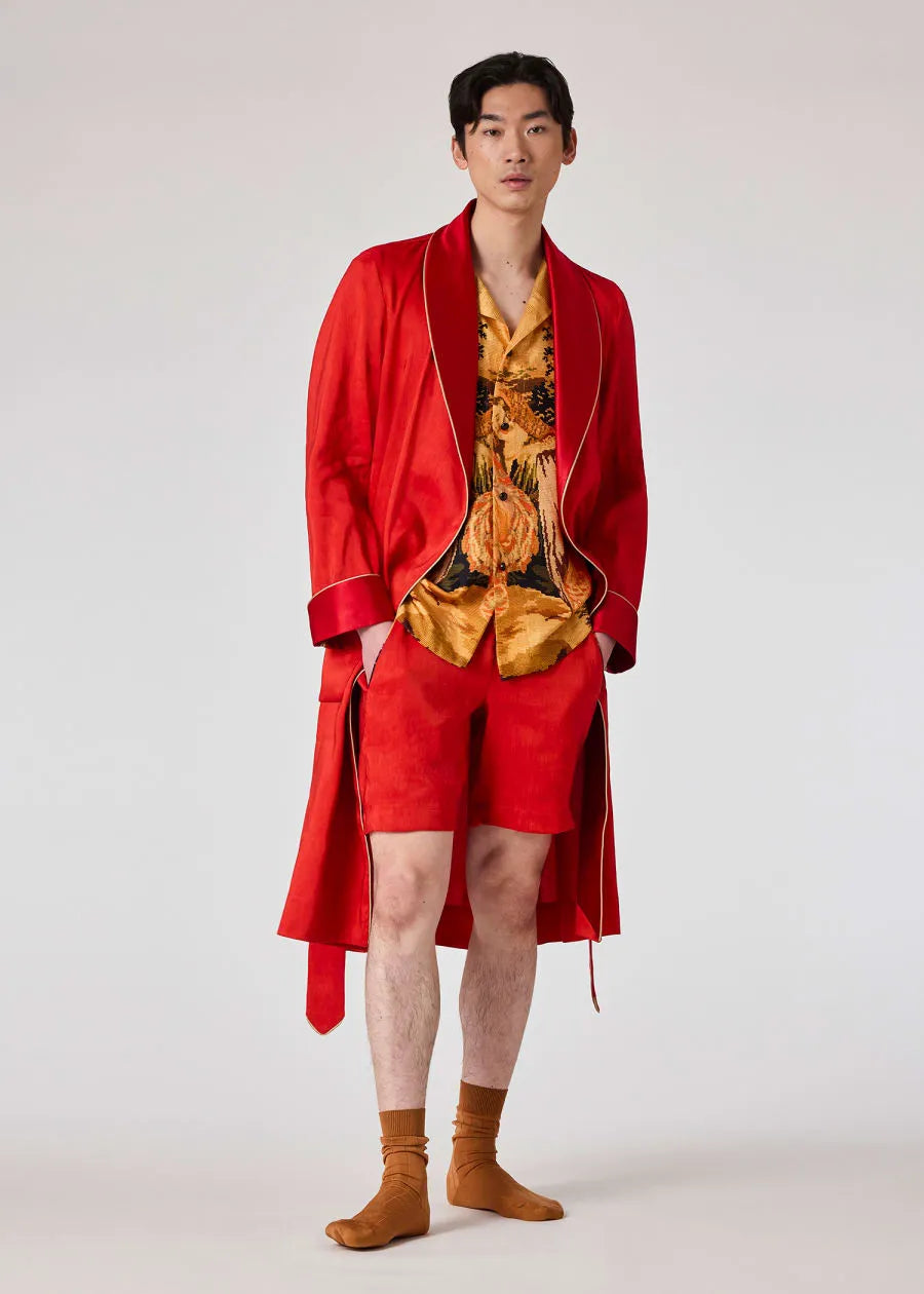 Red Linen And Silk Dressing Gown