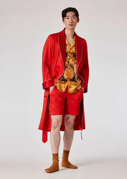 Red Linen And Silk Dressing Gown