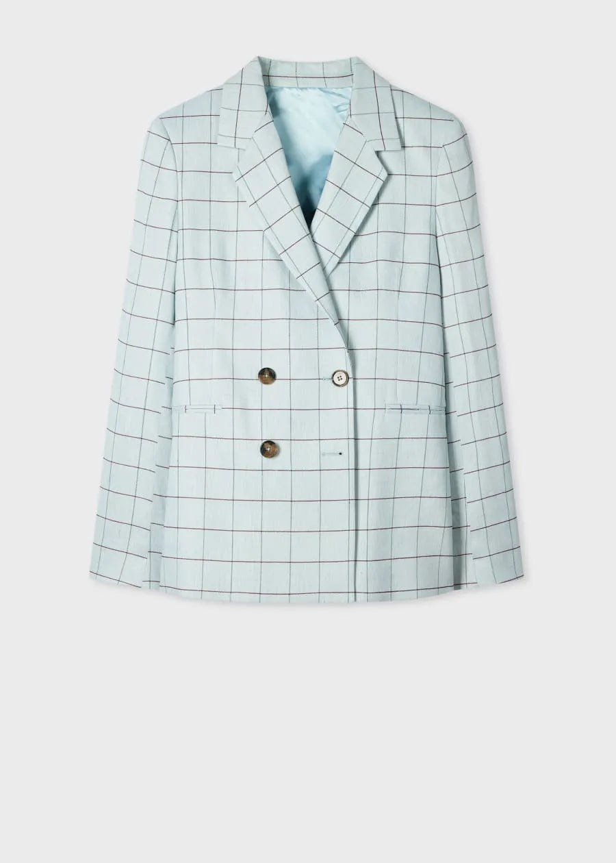 Women's Light Blue Windowpane Double-Breasted Blazer