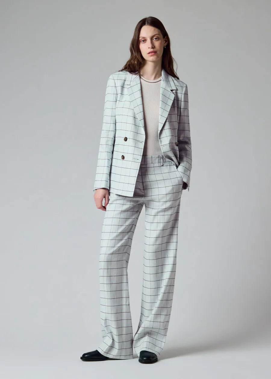 Women's Light Blue Windowpane Double-Breasted Blazer