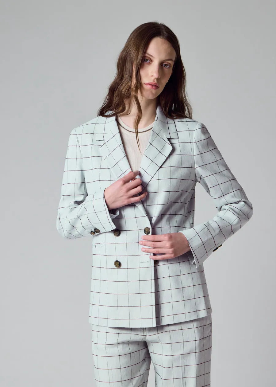 Women's Light Blue Windowpane Double-Breasted Blazer