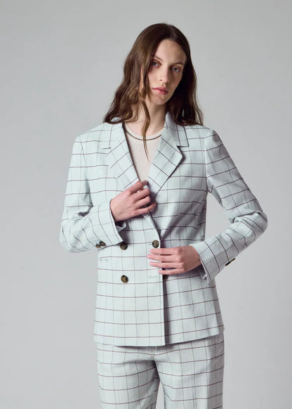 Women's Light Blue Windowpane Double-Breasted Blazer